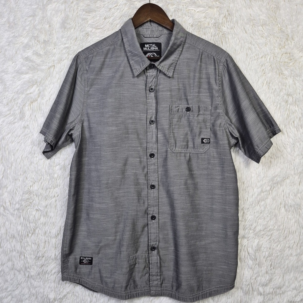 Metal Mulisha Shirt Mens L Gray Short Sleeve Button Up Biker Skater FMX